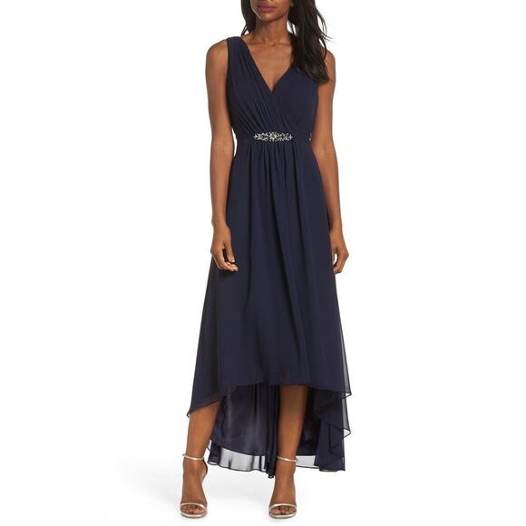 Eliza J Embellished High/Low Chiffon Dress Navy V-Neck Sleeveless Size 8 NWOT